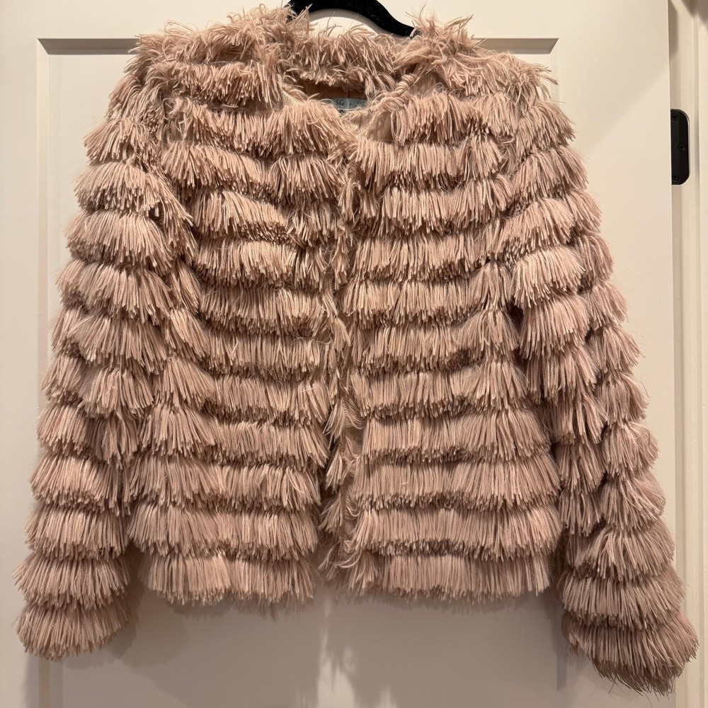 Boho Glam She + Sky Blush Fringe Shag Jacket M Tiered Faux Fur Lined